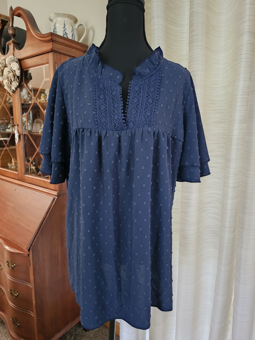 SHEIN Navy Swiss Dot Lace Trim Flutter Sleeve Top